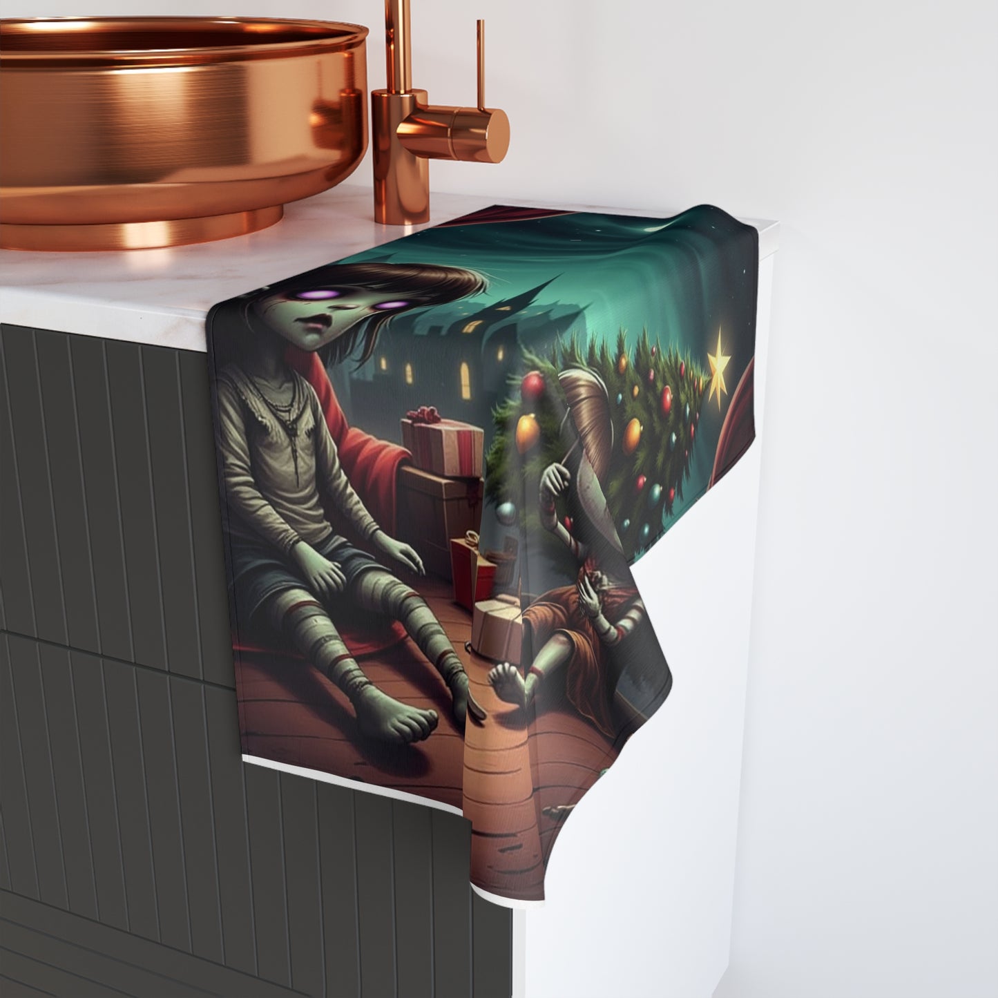 Whimsical Holiday Hand Towel | Spooky Kitchen Decor, Holiday Home Decoration, Ghoulish Ornament, Zombie Christmas