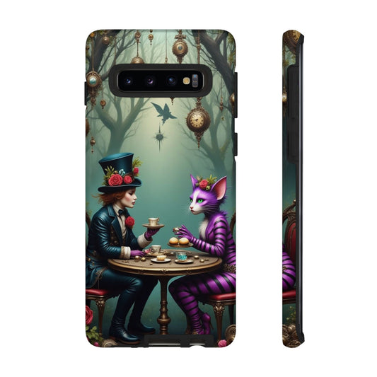 Whimsical Phone Case with Cat and Mad Hatter Design, Perfect for Gifting, Fantasy Lovers, Tea Party Theme, Tough Cases