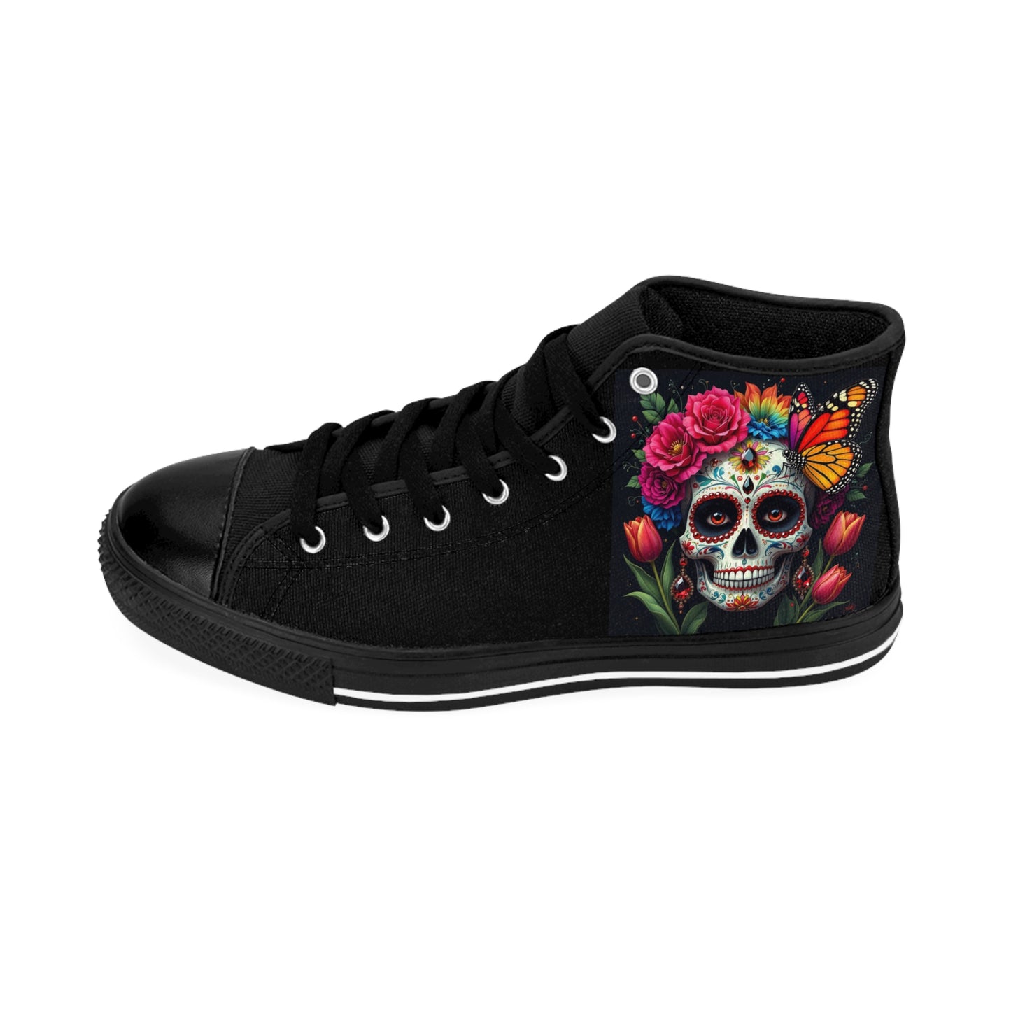 Colorful Sugar Skull Womens Sneakers, Unique High-Top Sneakers, Boho Chic Footwear, Day of the Dead Style Shoes, Floral Skull Art Shoes