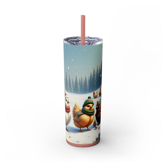 Winter Wonderland Skinny Tumbler with Straw, 20oz - Snowy Birds Design, Unique Holiday Gift, Christmas Chickens rinkware, Festive Travel Mug