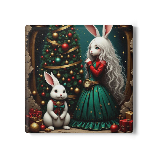 Whimsical Bunny Christmas Ceramic Coaster | Holiday Decor, Kitchen Gift, Winter Wonderland, Rabbit Lover Gift, Home Barware
