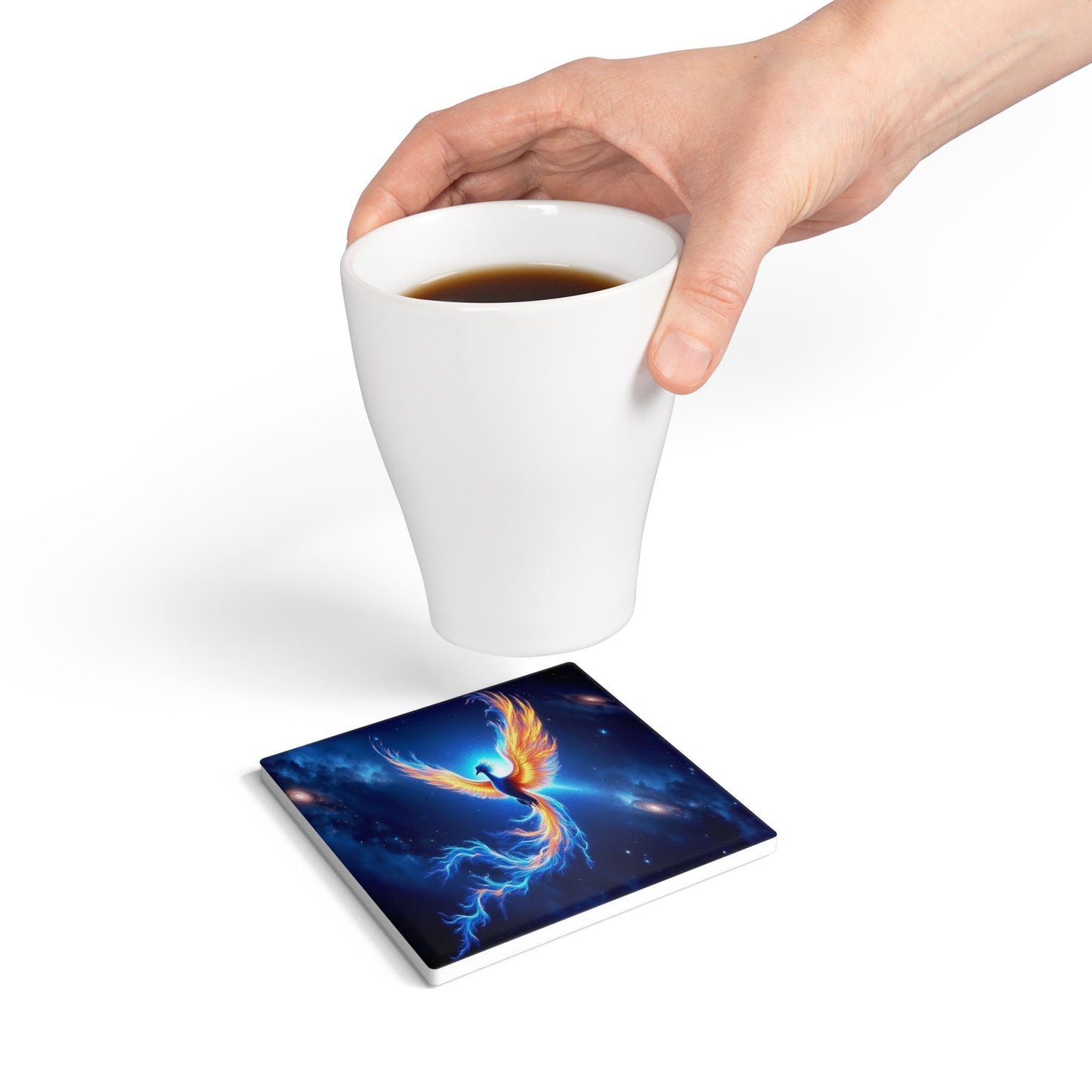 Celestial Phoenix Ceramic Coaster, Fantasy Home Decor, Gift for Eagle Owl Lovers, Table Decor, Coffee Mug Mat