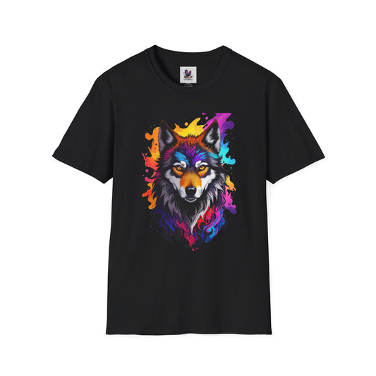 Colorful Wolf Art Unisex Softstyle T-Shirt, Animal Lover Gift, Colorful Tee, Nature-Inspired Apparel, Cute Graphic Shirt