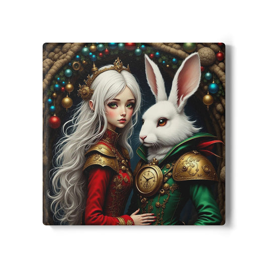 Whimsical Rabbit & Princess Ceramic Coaster Set, Fantasy Decor, Home Barware, Gift for Animal Lovers, Kitchen Accessories, Holiday Decor