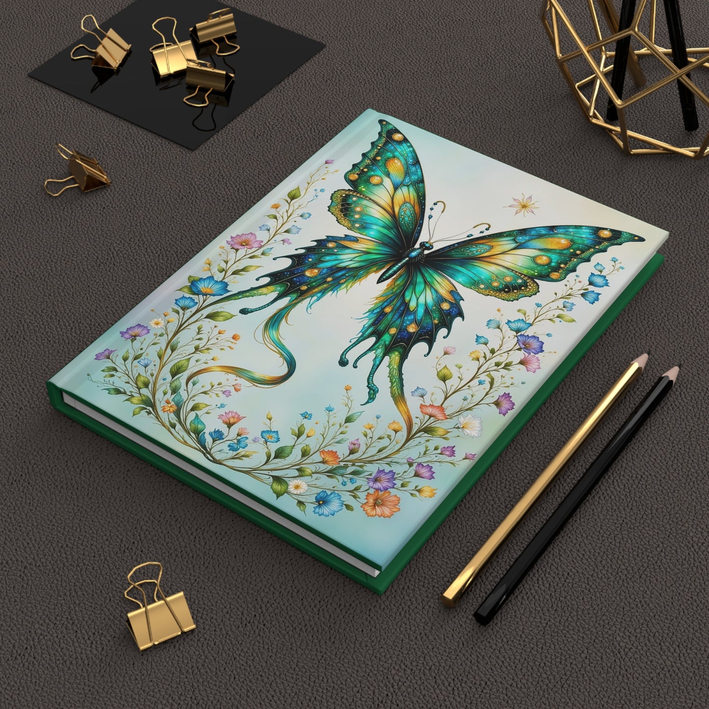 Whimsical Butterfly Green Hardcover Journal, Artistic Journal, Eco-Friendly Notebook, Nature Lover Gift, Creative Writing Journal, Flower Decor