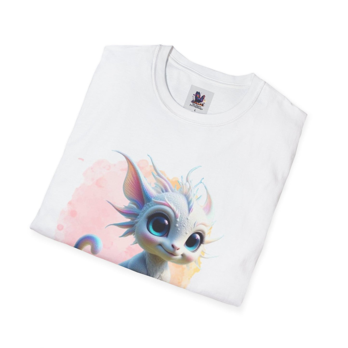 Colorful White Baby Dragon Luna Art Unisex Softstyle T-Shirt, Colorful Tee, Nature-Inspired Apparel, Cute Graphic Shirt
