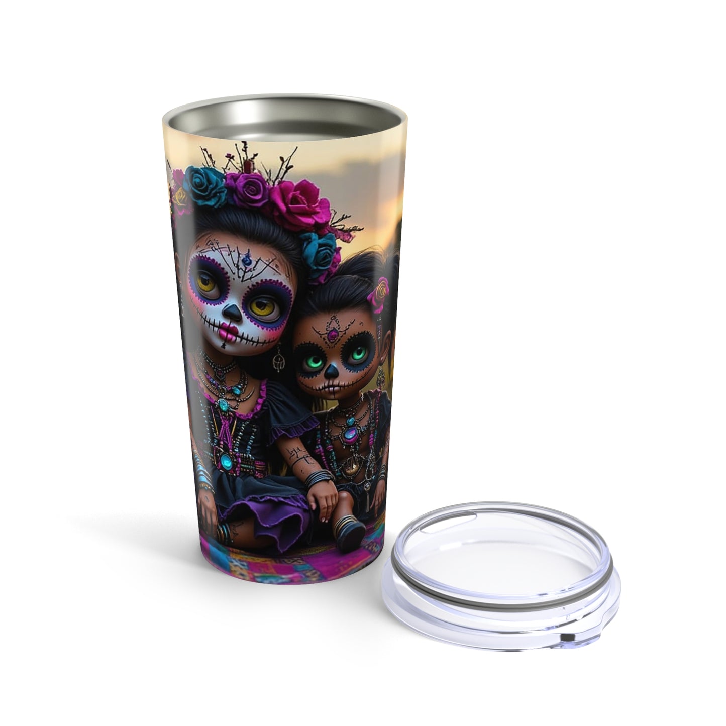 Vibrant Day of the Dead Tumbler | 20oz Sugar Skull Travel Mug, Halloween Gift, Ethnic Decor, Boho Kitchenware, Party Favor