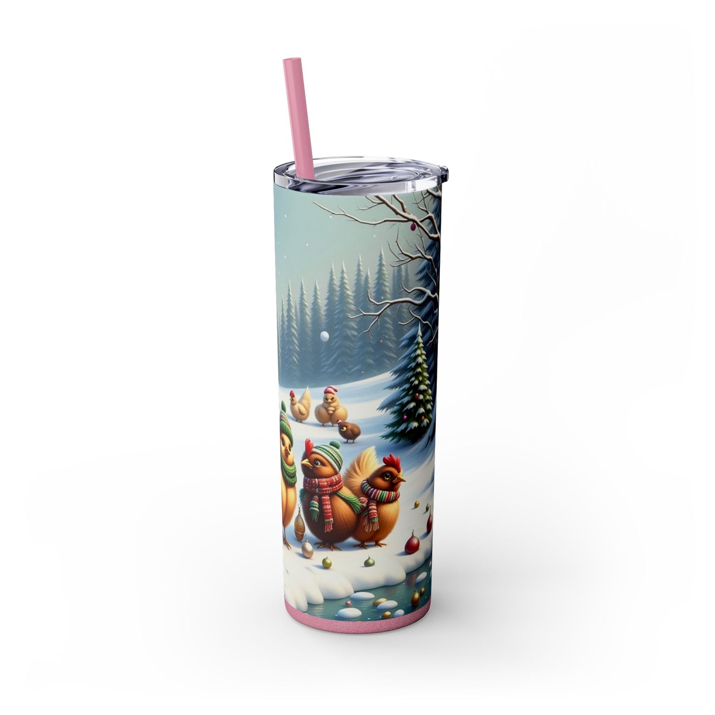 Winter Wonderland Skinny Tumbler with Straw, 20oz - Snowy Birds Design, Unique Holiday Gift, Christmas Chickens rinkware, Festive Travel Mug