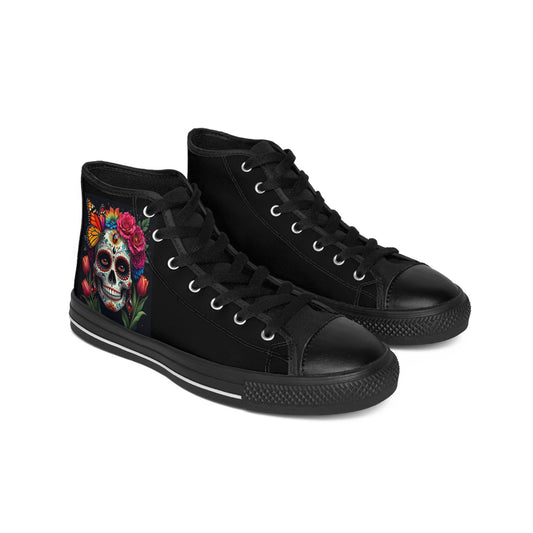 Colorful Sugar Skull Womens Sneakers, Unique High-Top Sneakers, Boho Chic Footwear, Day of the Dead Style Shoes, Floral Skull Art Shoes