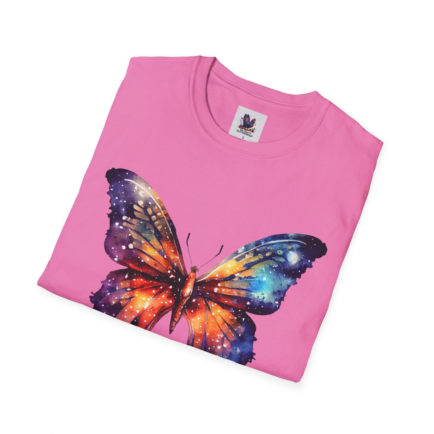 Colorful Space Butterfly Art Unisex Softstyle T-Shirt, Colorful Tee, Nature-Inspired Apparel, Cute Graphic Shirt
