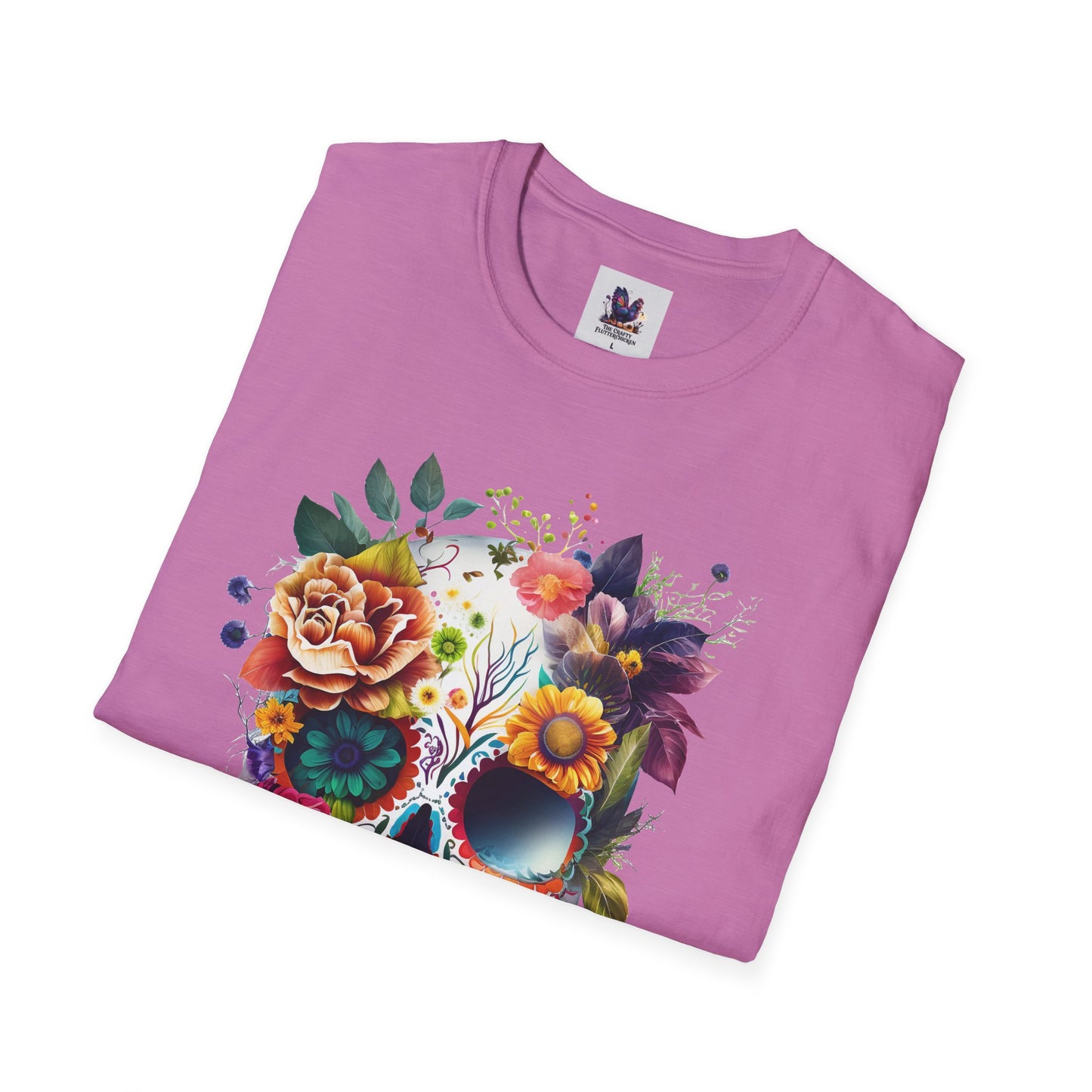 Colorful Sugar Skull with Flowers Art Unisex Softstyle T-Shirt, Colorful Tee, Cute Graphic Shirt