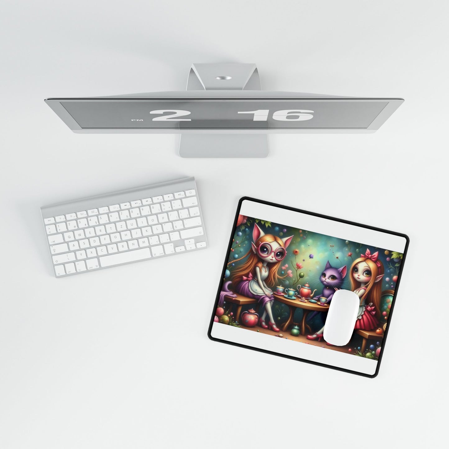 Whimsical Cat & Tea Party Desk Mat, Cute Mouse Pad, Home Office Decor, Gaming Desk Accessories, Gift for Cat Lovers