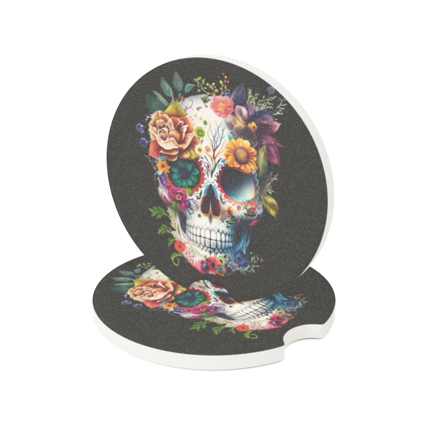Skull Floral Soapstone Car Coaster, Artistic Auto Accessories, Unique Gifts for Car Lovers, Car Decor, Day of the Dead Decor