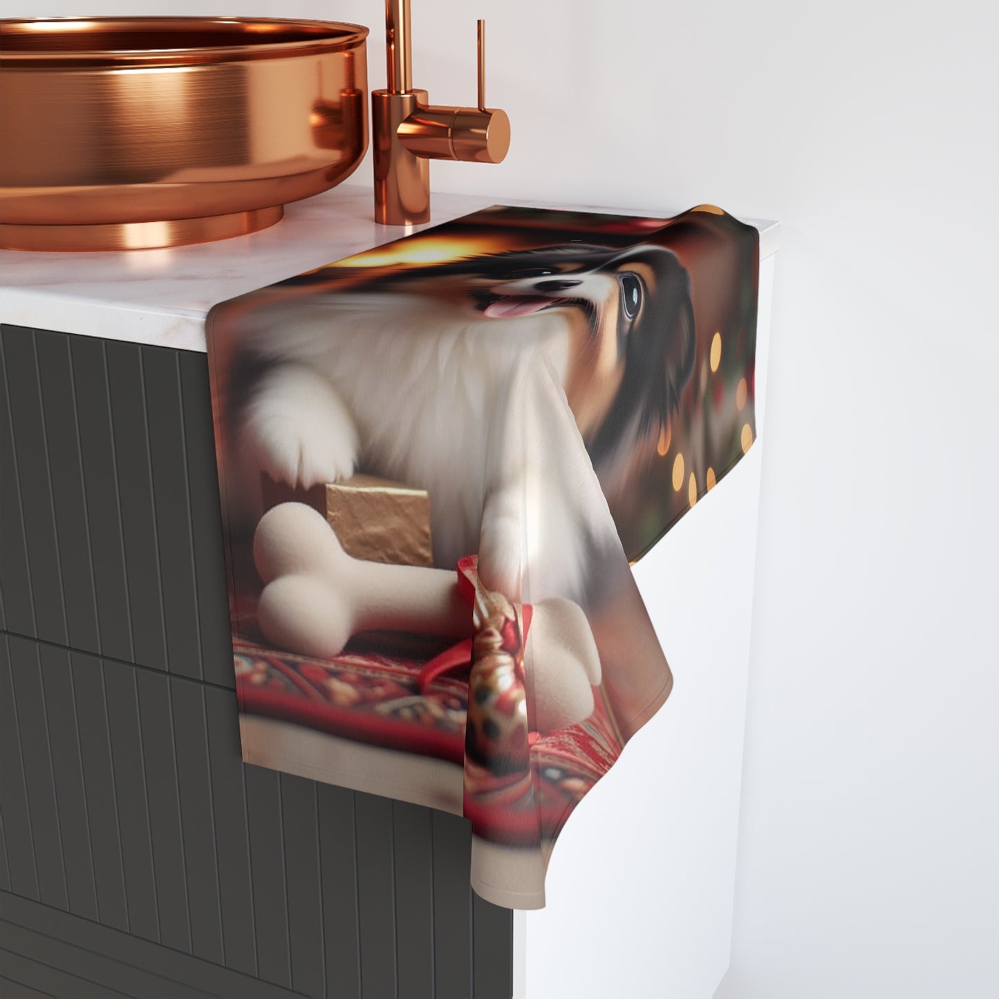 Festive Dog Hand Towel with Pomeranian Design, Dog Lover Gift, Holiday Decor, Cute Pet Towel, Kitchen or Bathroom Accessory