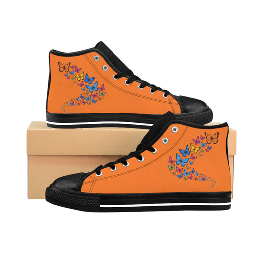 Vibrant Orange Butterfly Sneakers, Women’s High Top Shoes, Colorful Footwear, Fun Casual Sneakers, Unique Gift for Her, Spring Fashion