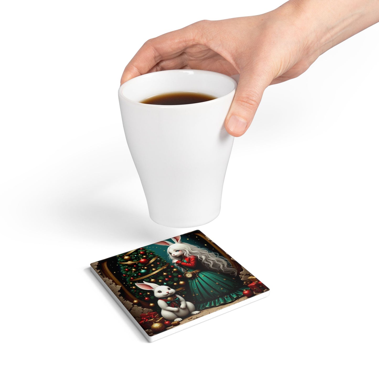 Whimsical Bunny Christmas Ceramic Coaster | Holiday Decor, Kitchen Gift, Winter Wonderland, Rabbit Lover Gift, Home Barware