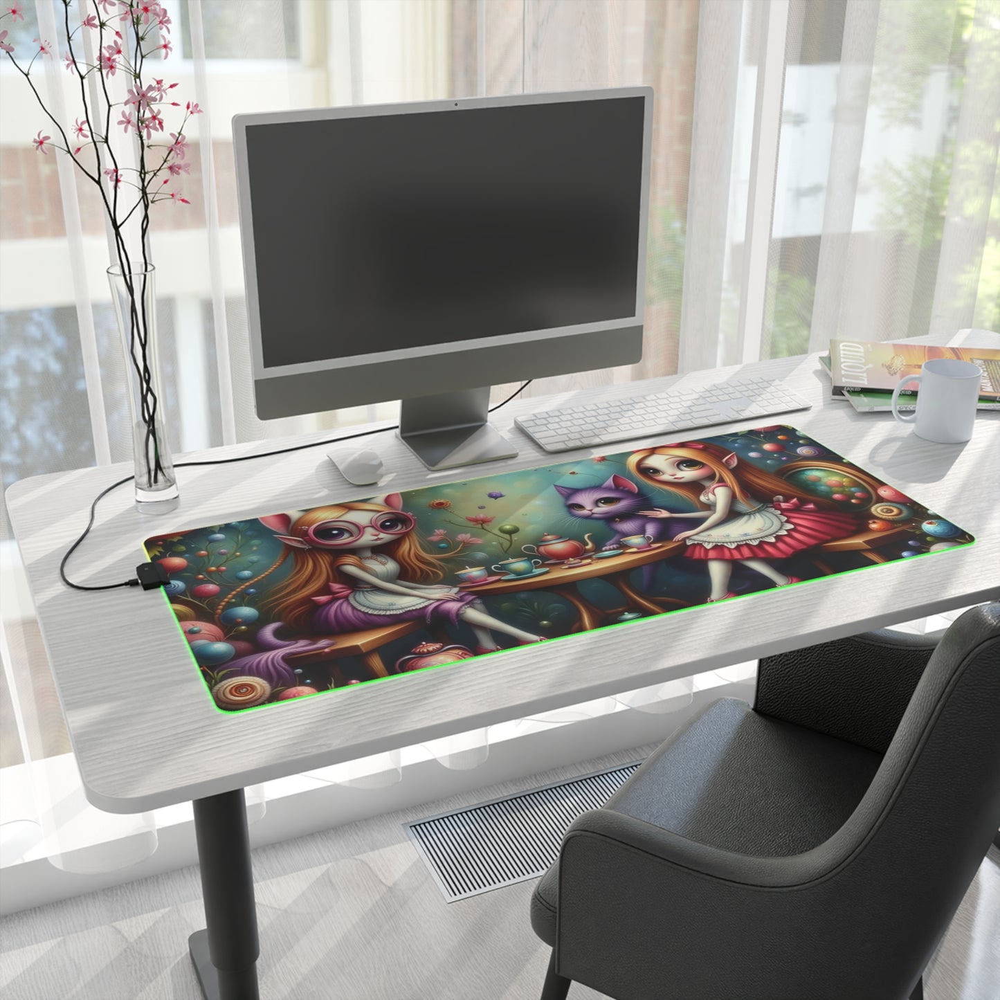 LED Whimsical Gaming Mouse Pad Featuring Playful Fairies and Cat, Alice in Wonderland theme