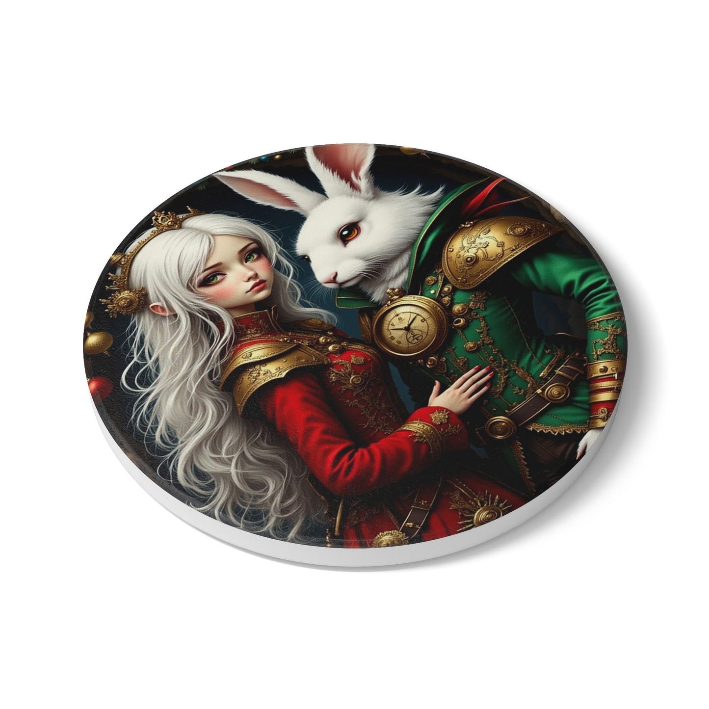 Fantasy Art Ceramic Coaster, Whimsical Drink Coaster, Unique Home Decor, Gift for Rabbit Lovers, Fairy Tale Theme, Holiday Party Essential
