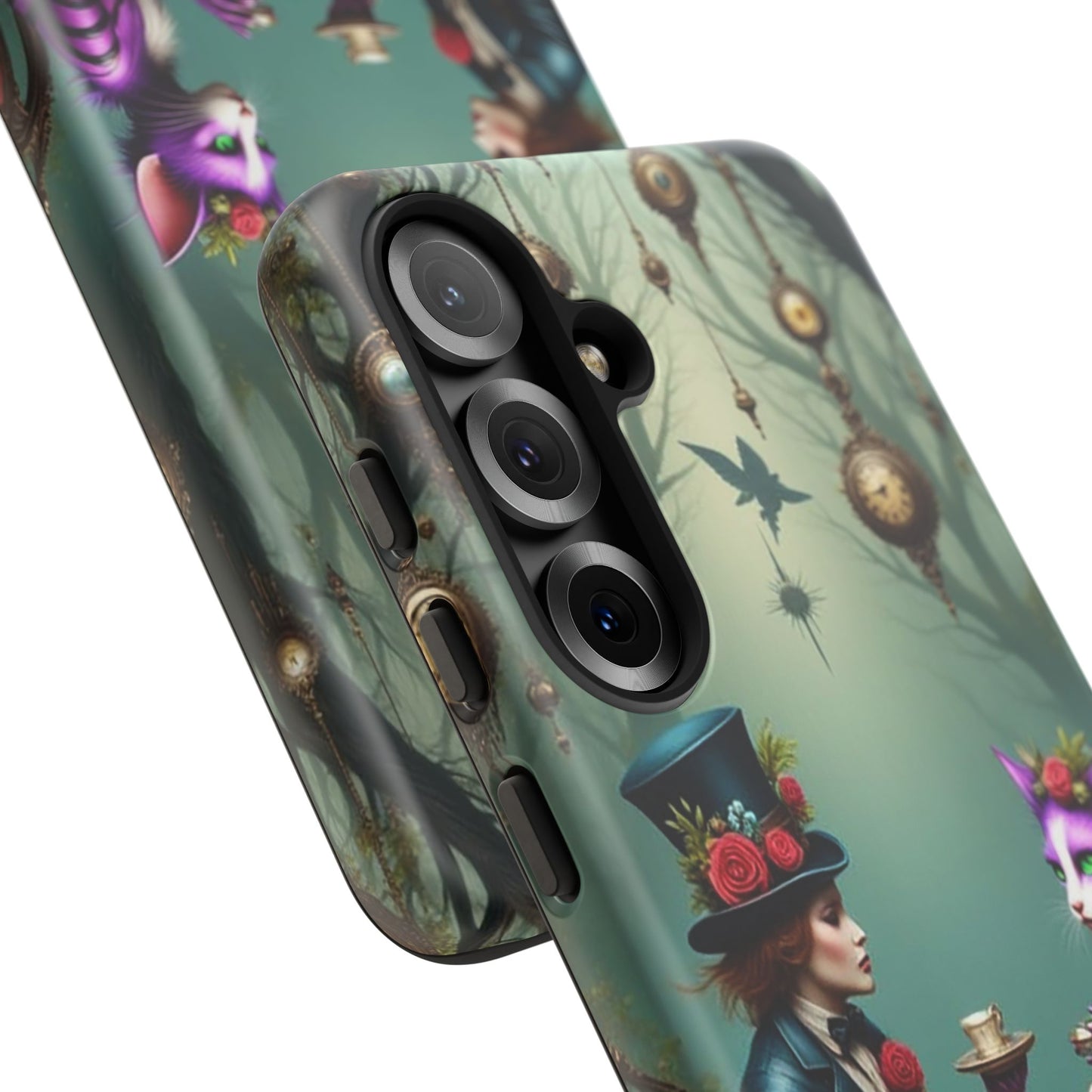 Whimsical Phone Case with Cat and Mad Hatter Design, Perfect for Gifting, Fantasy Lovers, Tea Party Theme, Tough Cases