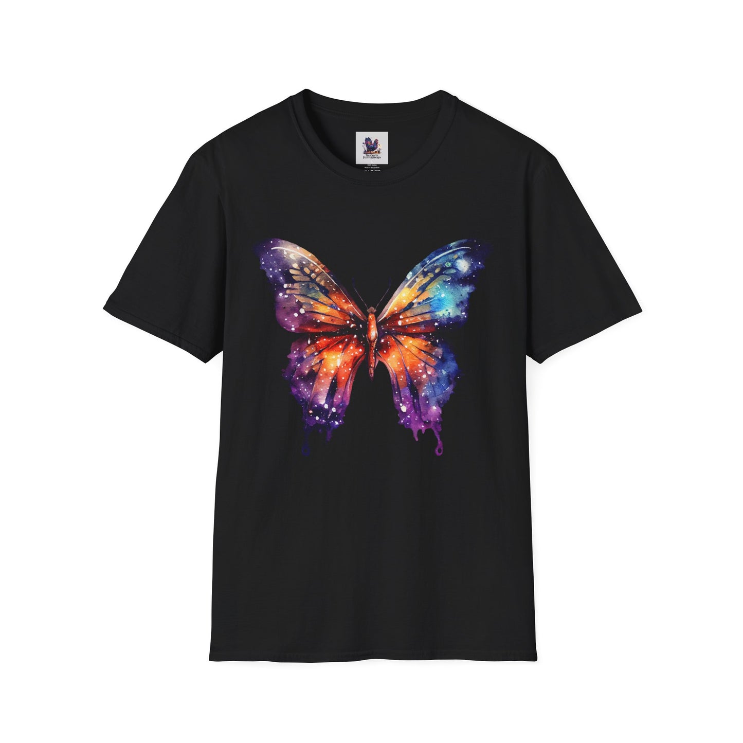 Colorful Space Butterfly Art Unisex Softstyle T-Shirt, Colorful Tee, Nature-Inspired Apparel, Cute Graphic Shirt