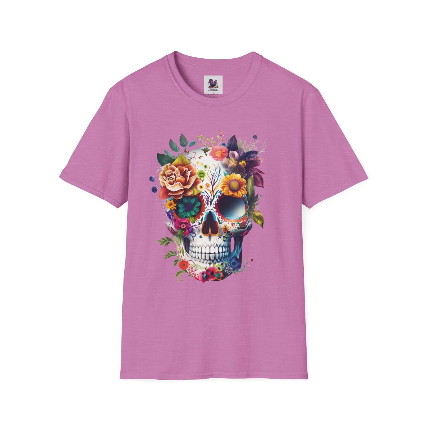 Colorful Sugar Skull with Flowers Art Unisex Softstyle T-Shirt, Colorful Tee, Cute Graphic Shirt