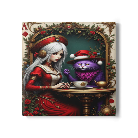 Whimsical Christmas Cat Coaster, Holiday Drinkware, Cute Pet Gift, Vintage Style, Festive Home Decor, Unique Gift Idea