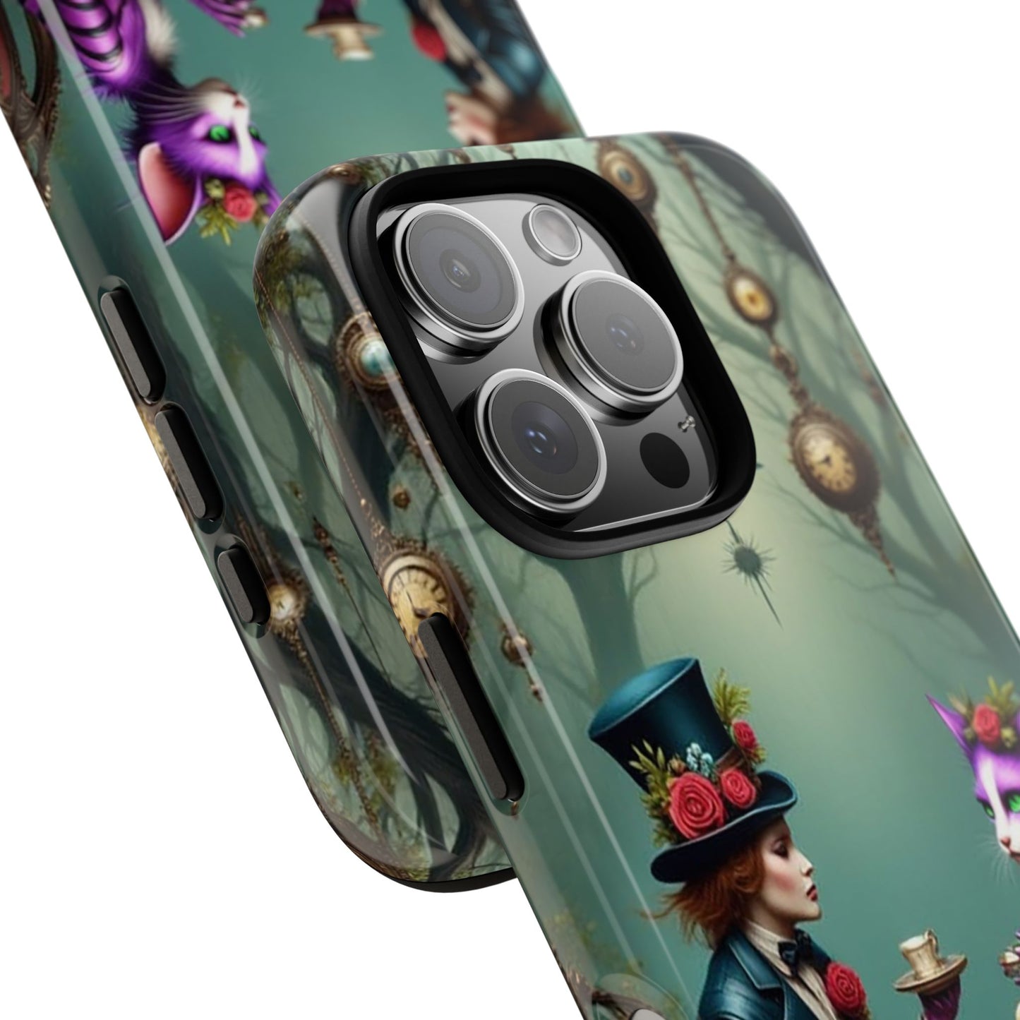 Whimsical Phone Case with Cat and Mad Hatter Design, Perfect for Gifting, Fantasy Lovers, Tea Party Theme, Tough Cases