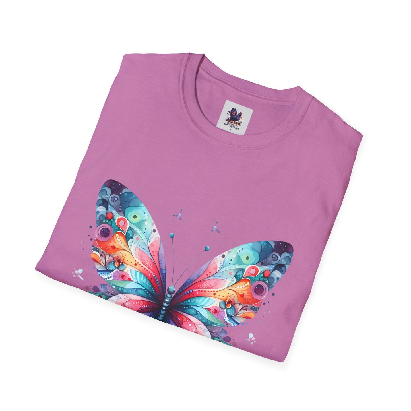 Colorful Butterfly Art Unisex Softstyle T-Shirt, Colorful Tee, Nature-Inspired Apparel, Cute Graphic Shirt