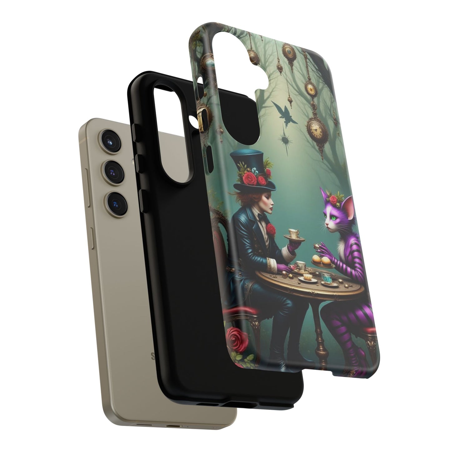 Whimsical Phone Case with Cat and Mad Hatter Design, Perfect for Gifting, Fantasy Lovers, Tea Party Theme, Tough Cases