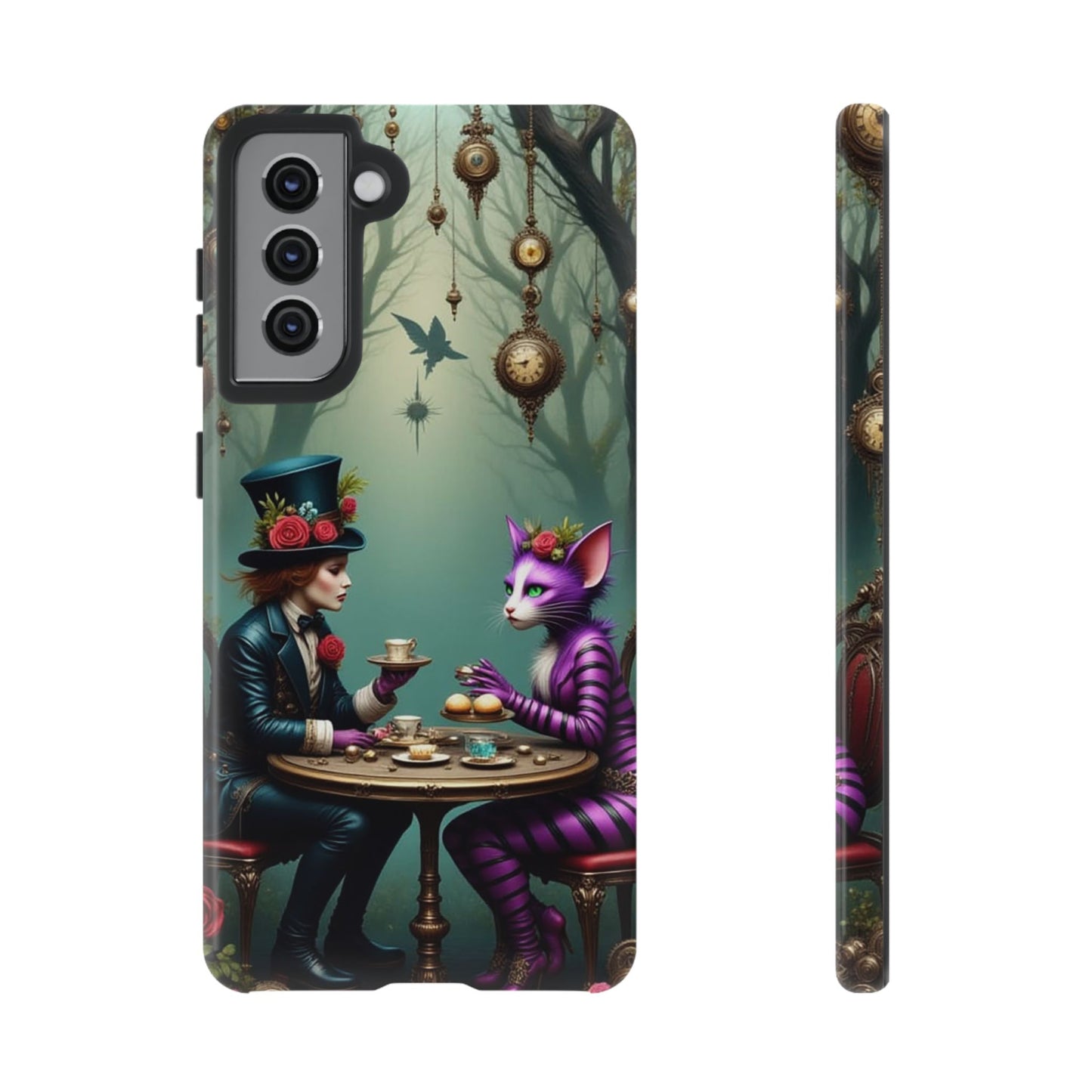 Whimsical Phone Case with Cat and Mad Hatter Design, Perfect for Gifting, Fantasy Lovers, Tea Party Theme, Tough Cases