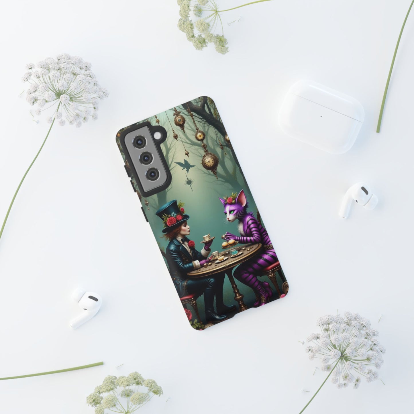 Whimsical Phone Case with Cat and Mad Hatter Design, Perfect for Gifting, Fantasy Lovers, Tea Party Theme, Tough Cases