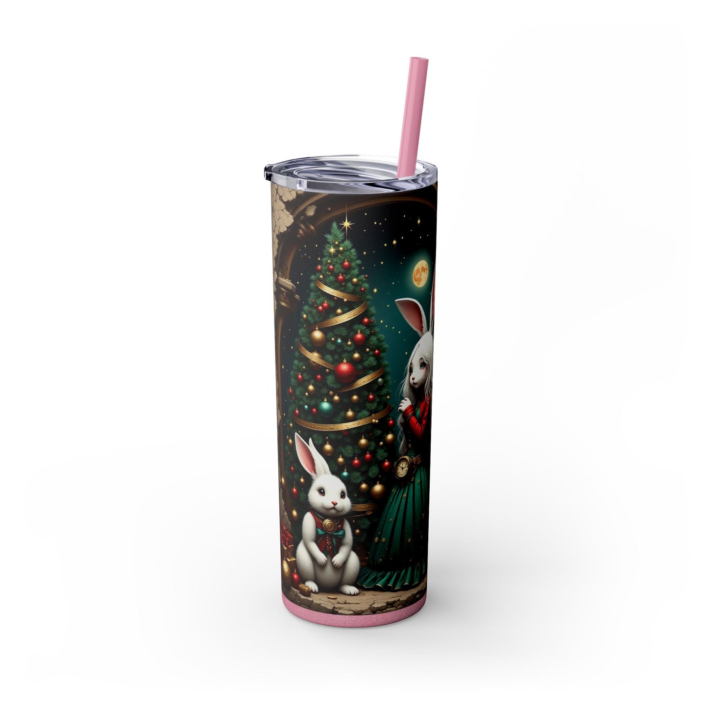 Christmas Rabbit Tumbler, 20oz Skinny Tumbler with Straw, Holiday Drinkware, Cute Bunny Decor, Winter Gift for Dog Lovers, Festive Cup