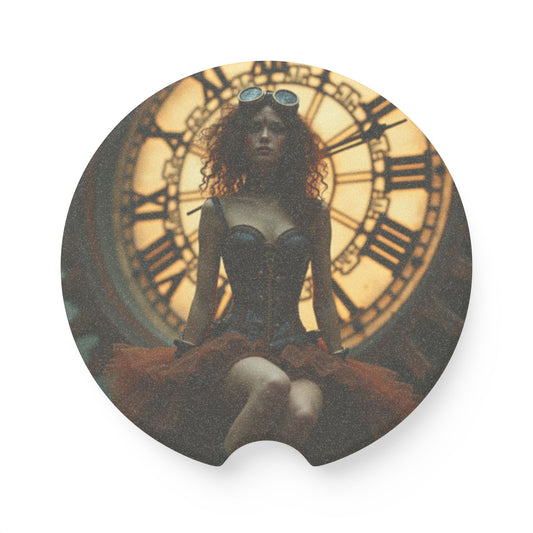 Vintage Clock Design Soapstone Car Coaster, Unique Auto Accessory, Gift for Car Lovers, Steampunk Theme, Steampunk Lady