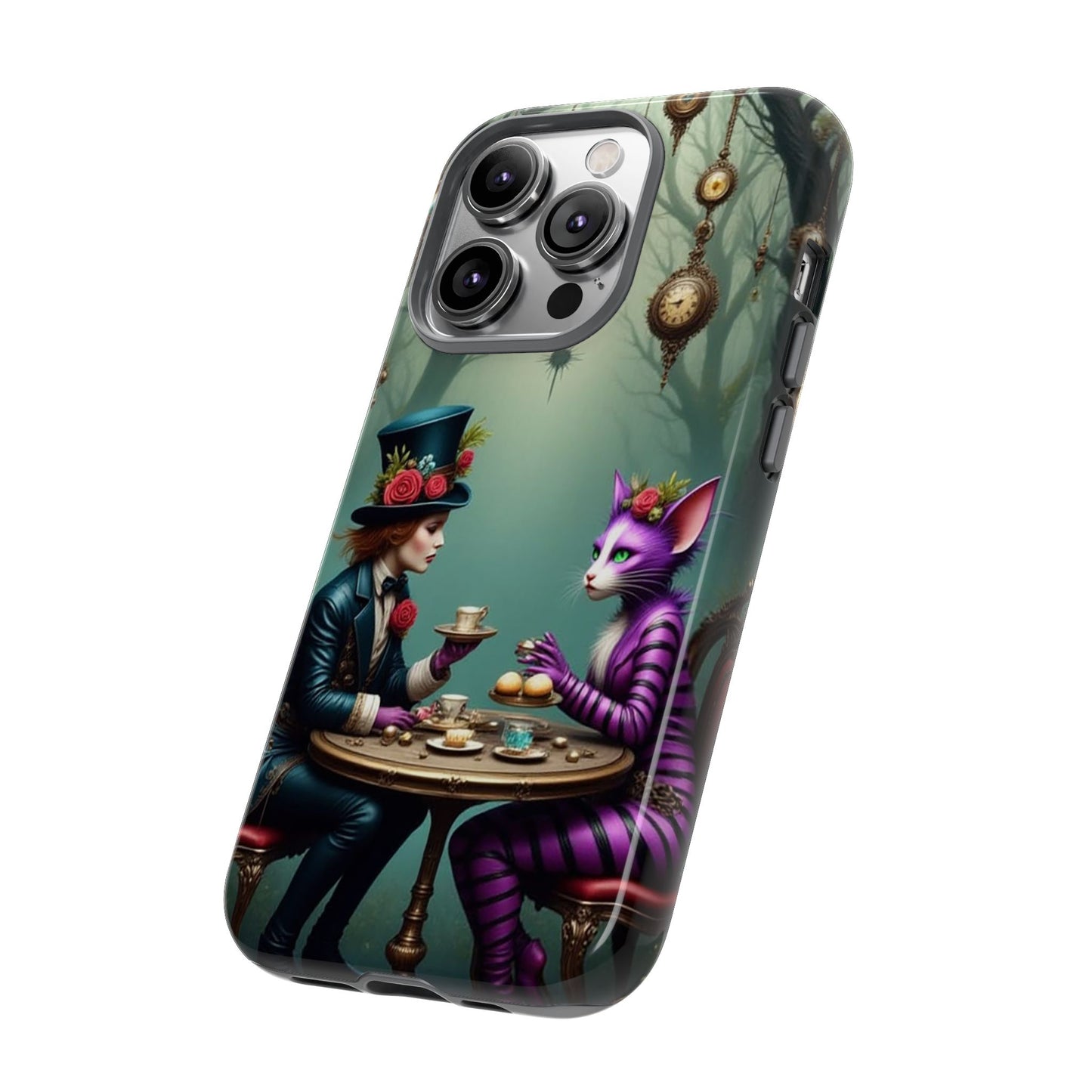 Whimsical Phone Case with Cat and Mad Hatter Design, Perfect for Gifting, Fantasy Lovers, Tea Party Theme, Tough Cases