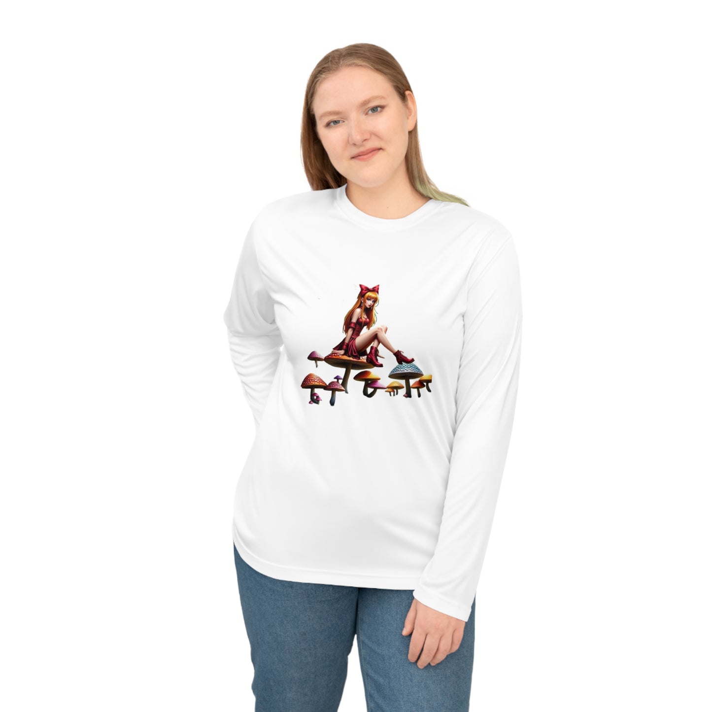 Fantasy Lady Long Sleeve Shirt with Mushroom Design, Fun Activewear, Gift for Nature Lovers, Sports Tee, Unique Casual Wear