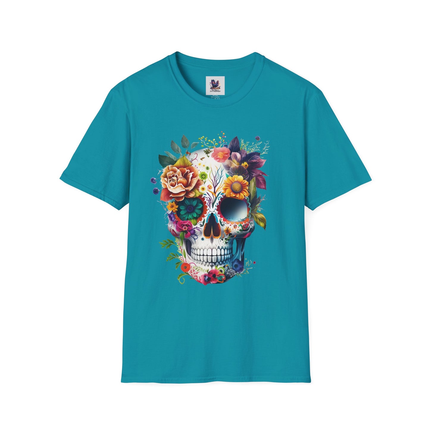 Colorful Sugar Skull with Flowers Art Unisex Softstyle T-Shirt, Colorful Tee, Cute Graphic Shirt