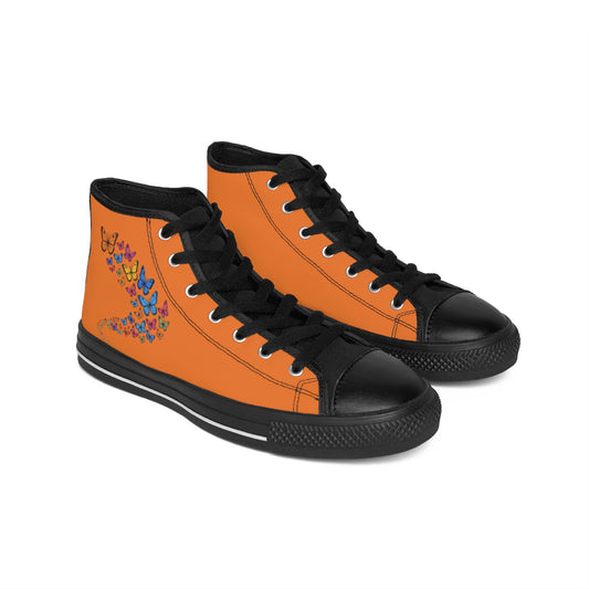 Vibrant Orange Butterfly Sneakers, Women’s High Top Shoes, Colorful Footwear, Fun Casual Sneakers, Unique Gift for Her, Spring Fashion