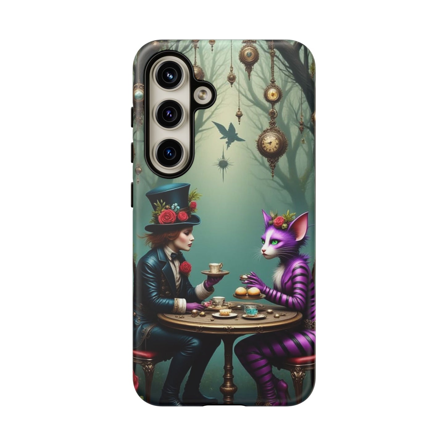 Whimsical Phone Case with Cat and Mad Hatter Design, Perfect for Gifting, Fantasy Lovers, Tea Party Theme, Tough Cases