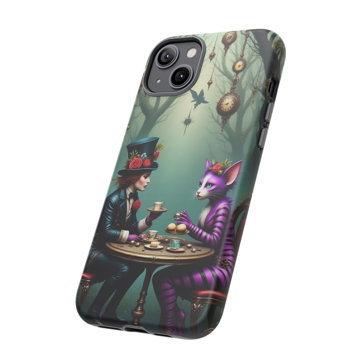 Whimsical Phone Case with Cat and Mad Hatter Design, Perfect for Gifting, Fantasy Lovers, Tea Party Theme, Tough Cases