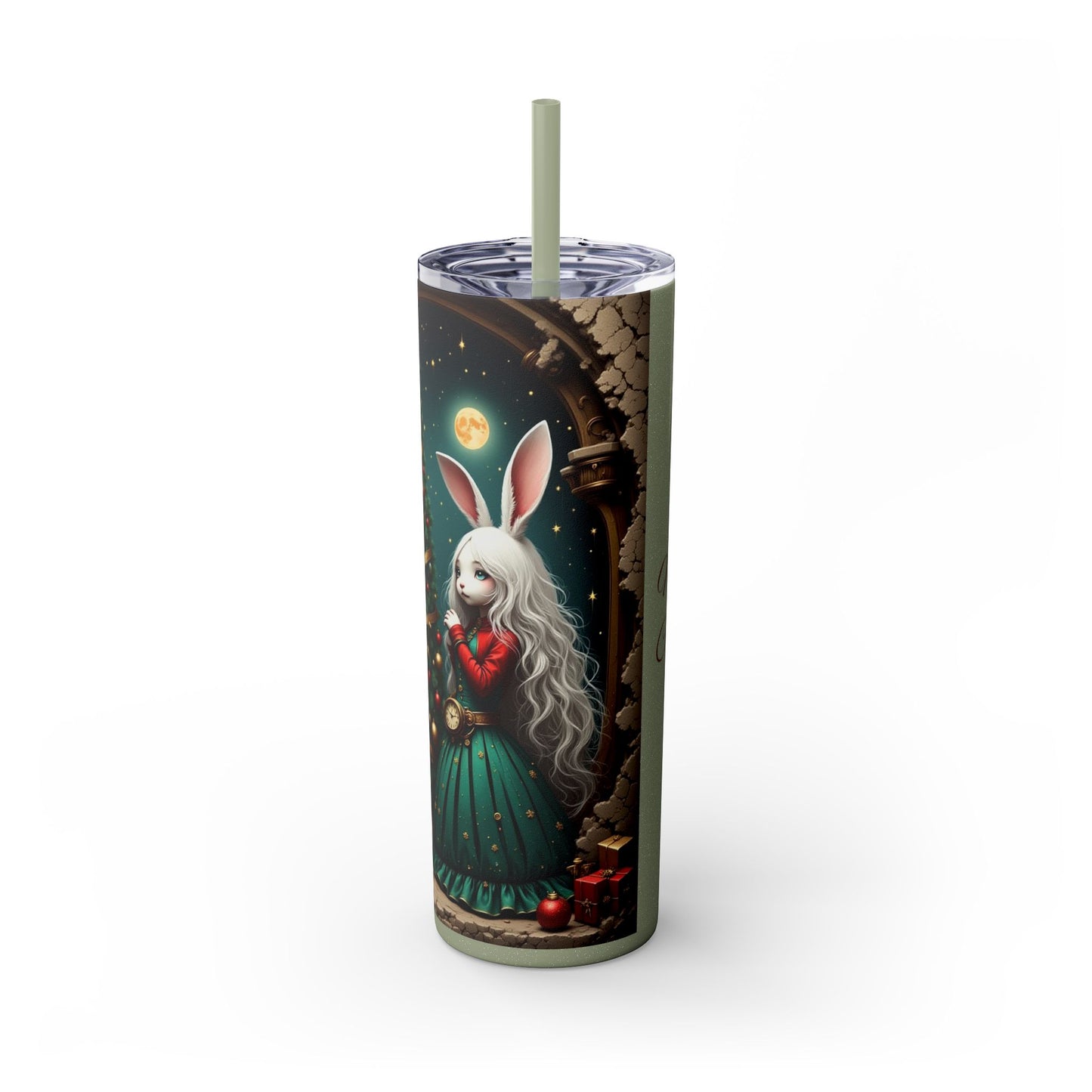 Christmas Rabbit Tumbler, 20oz Skinny Tumbler with Straw, Holiday Drinkware, Cute Bunny Decor, Winter Gift for Dog Lovers, Festive Cup