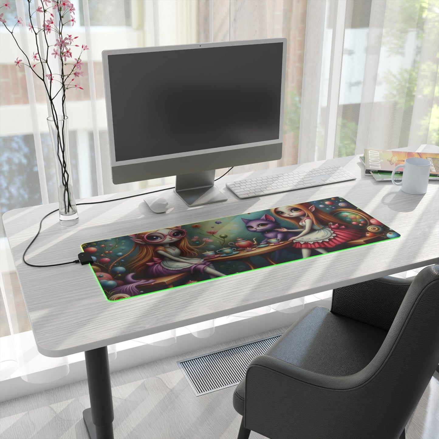 LED Whimsical Gaming Mouse Pad Featuring Playful Fairies and Cat, Alice in Wonderland theme