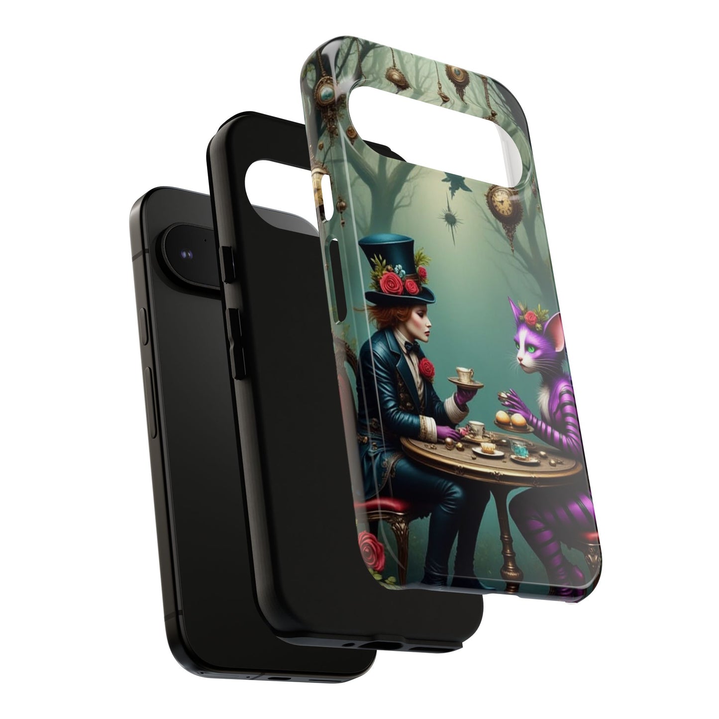 Whimsical Phone Case with Cat and Mad Hatter Design, Perfect for Gifting, Fantasy Lovers, Tea Party Theme, Tough Cases