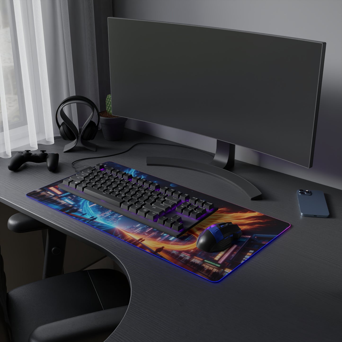 LED Gaming Mouse Pad with Neon Phoenix Design, PC Accessories for Gamers, RGB Customizable Desk Mat, Gift for Gamers, Gaming Setup Decor