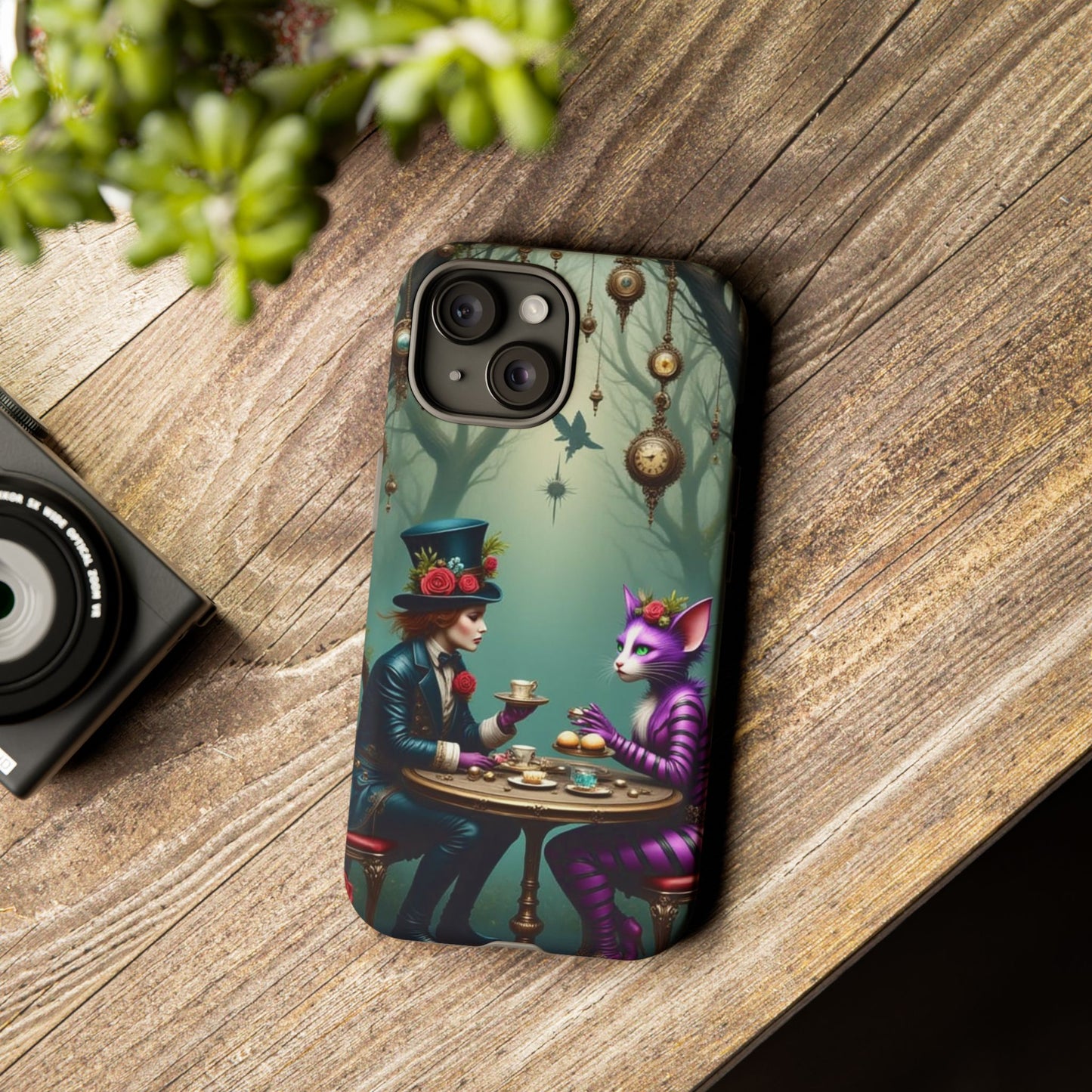 Whimsical Phone Case with Cat and Mad Hatter Design, Perfect for Gifting, Fantasy Lovers, Tea Party Theme, Tough Cases