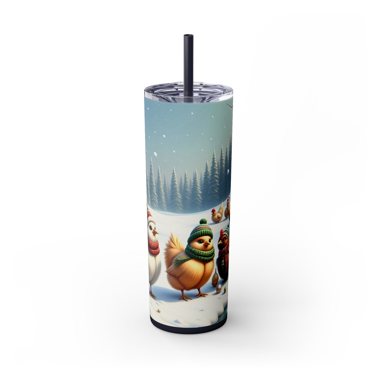 Winter Wonderland Skinny Tumbler with Straw, 20oz - Snowy Birds Design, Unique Holiday Gift, Christmas Chickens rinkware, Festive Travel Mug