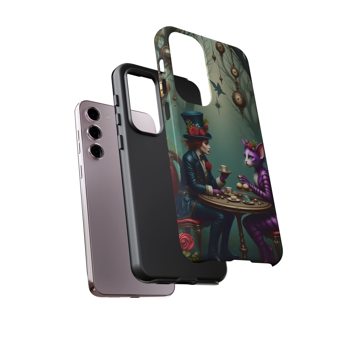 Whimsical Phone Case with Cat and Mad Hatter Design, Perfect for Gifting, Fantasy Lovers, Tea Party Theme, Tough Cases