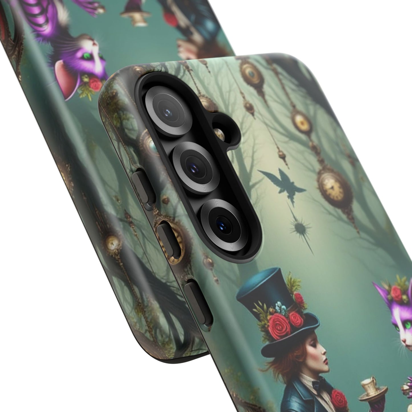 Whimsical Phone Case with Cat and Mad Hatter Design, Perfect for Gifting, Fantasy Lovers, Tea Party Theme, Tough Cases