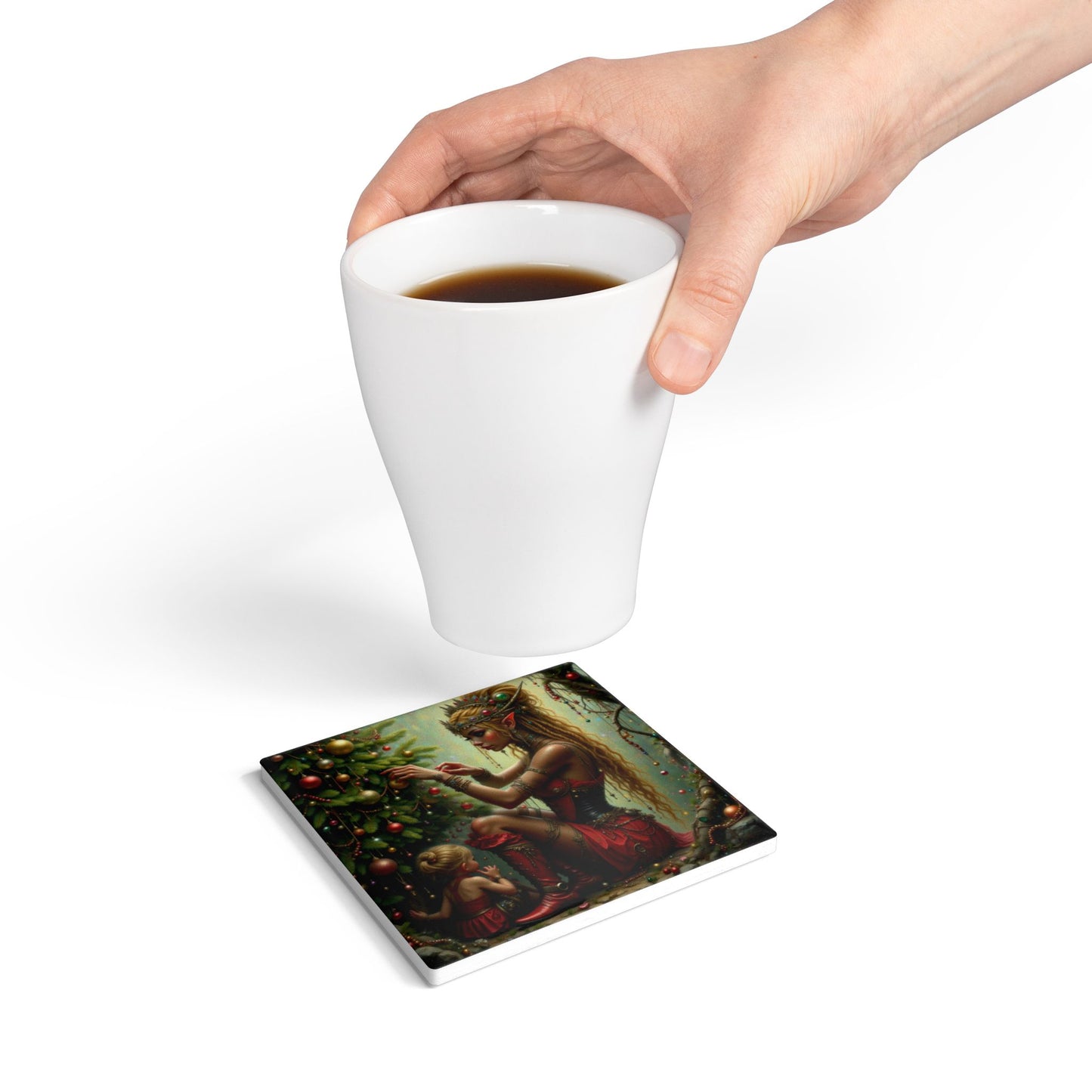 Enchanting Fairy Christmas Ceramic Coaster, Holiday Decor, Unique Gift, Home Barware, Yuletide Cheer, Elf Theme