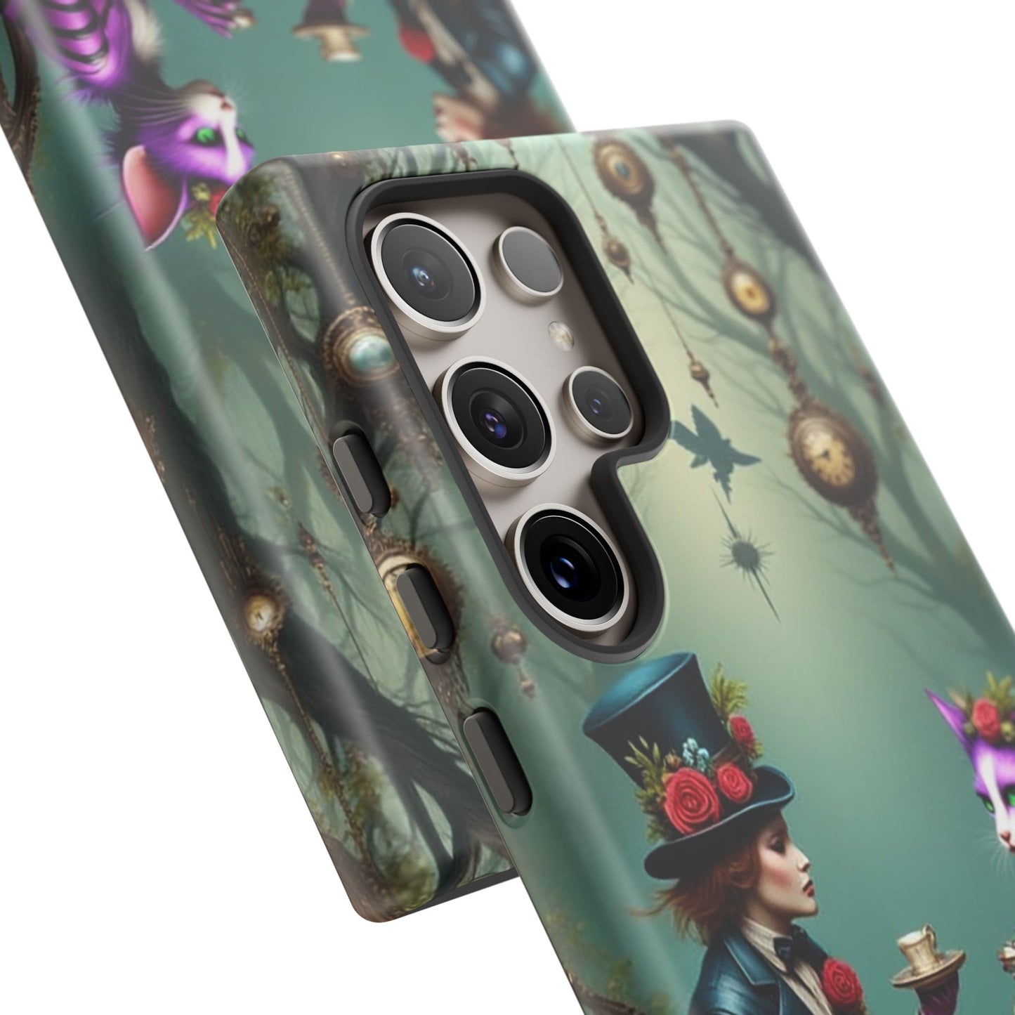 Whimsical Phone Case with Cat and Mad Hatter Design, Perfect for Gifting, Fantasy Lovers, Tea Party Theme, Tough Cases