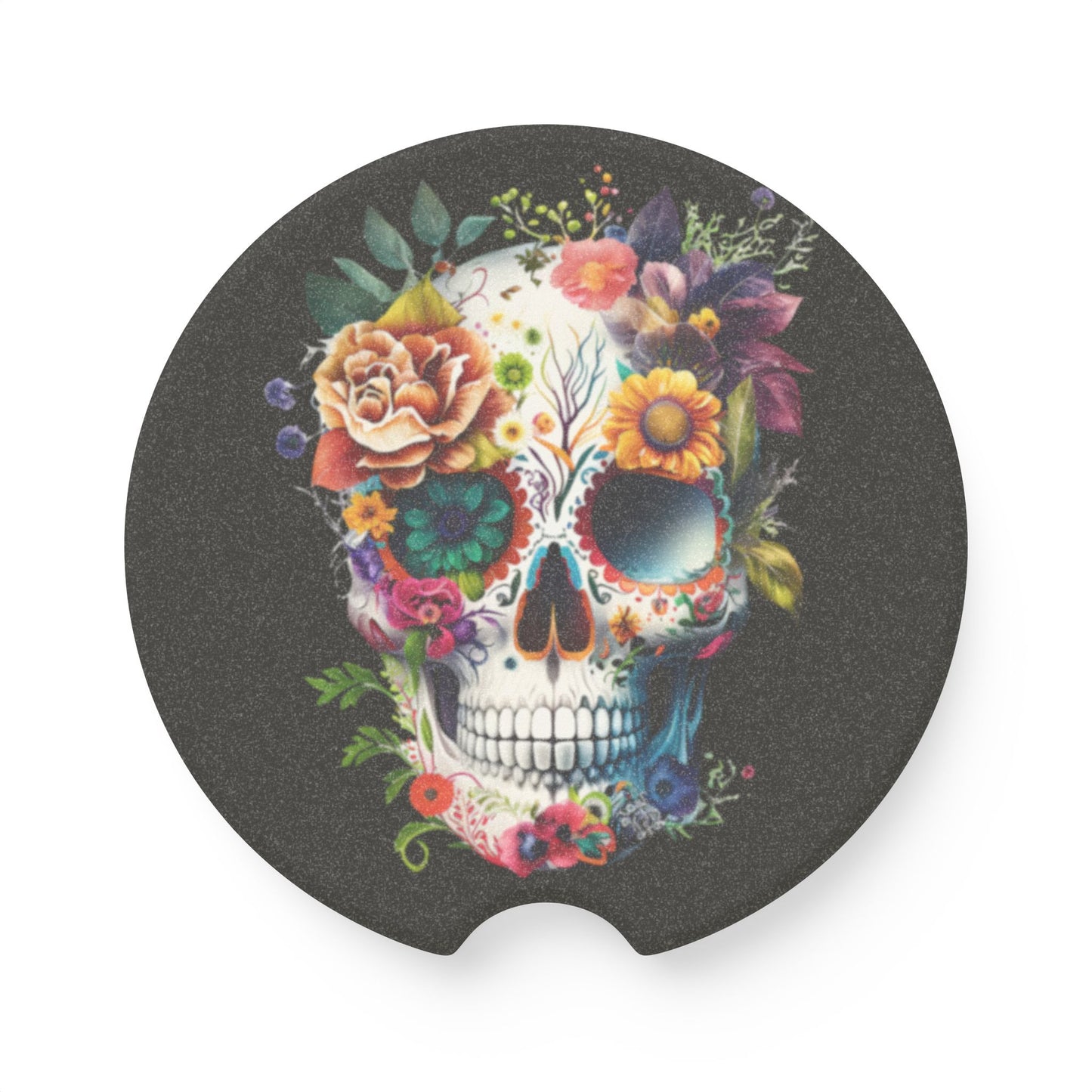 Skull Floral Soapstone Car Coaster, Artistic Auto Accessories, Unique Gifts for Car Lovers, Car Decor, Day of the Dead Decor